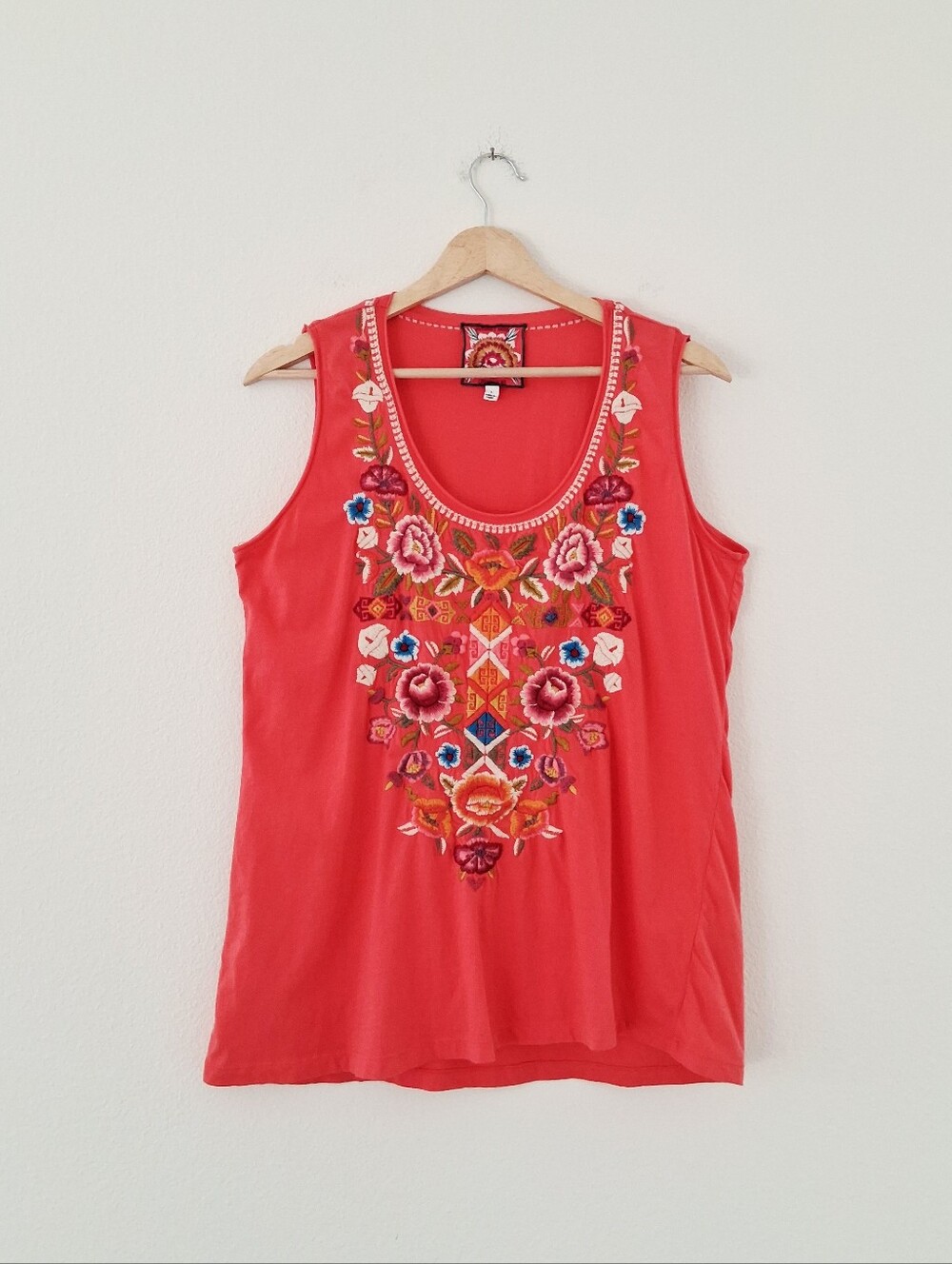 Johnny Was Bright Coral Floral Embroidery Cotton Jersey Sleeveless Top